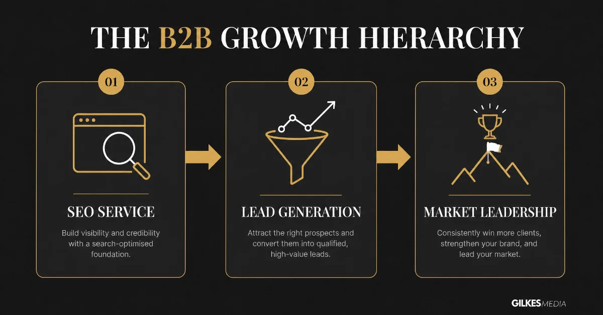 A B2B growth hierarchy chart showing SEO service leading to lead generation and market leadership.