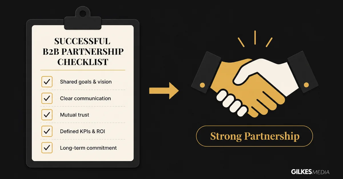 A checklist on a clipboard with criteria for a successful B2B partnership, leading to a handshake.