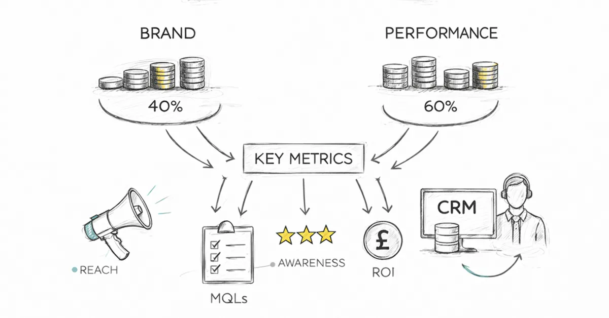 Marketing diagram showing budget allocation for brand and performance, key metrics, and CRM integration.