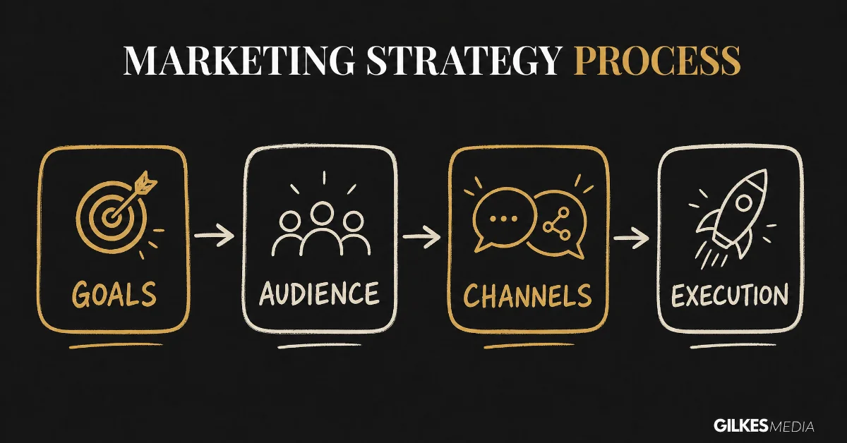 A hand-drawn flowchart illustrating a marketing strategy process: Goals, Audience, Channels, and Execution.