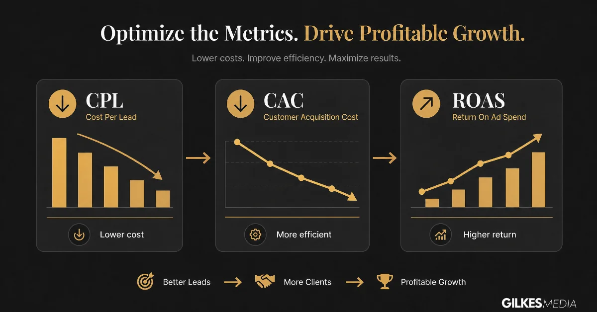 Three business metrics CPL, CAC, and ROAS with charts and trend arrows indicating optimization.