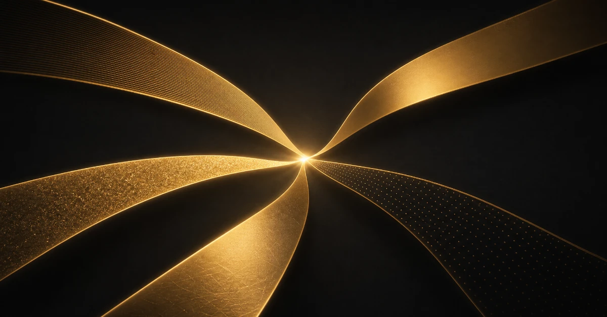 Five gold pathways of different textures converging into one point, representing channel-specific CAC
