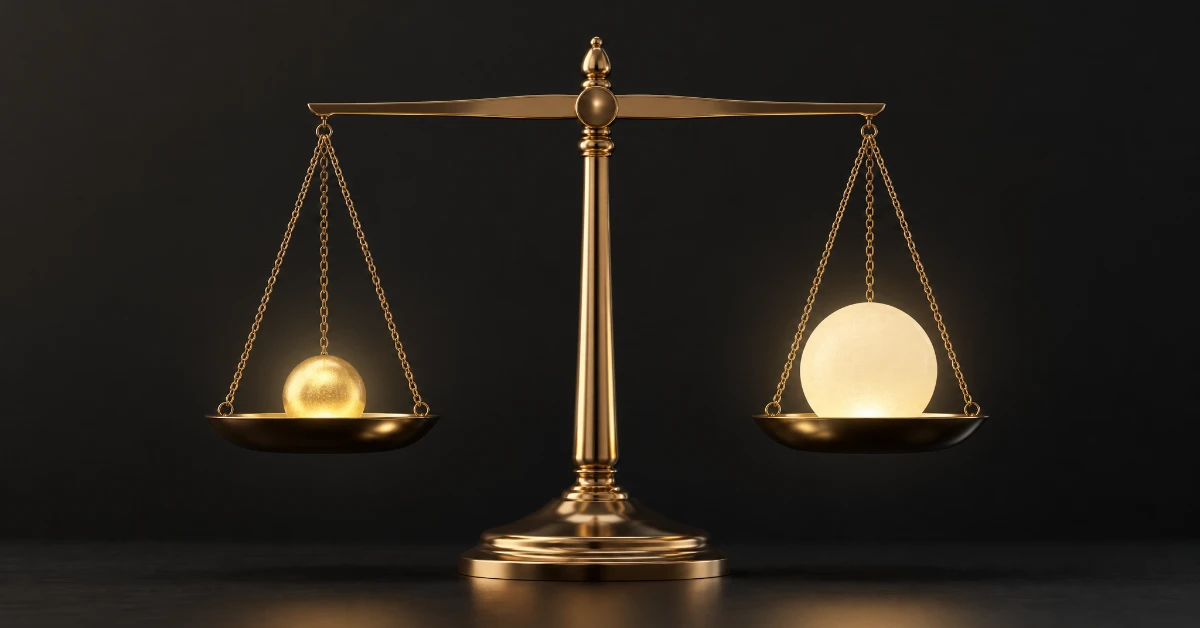 Gold balance scale weighing acquisition cost against customer lifetime value
