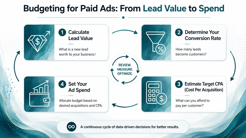 A four-step infographic illustrating the process of calculating budgets for paid advertising campaigns for businesses.