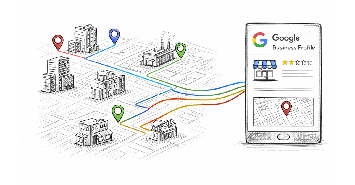 City map with various buildings, location pins, and colored lines connecting to a Google Business Profile.