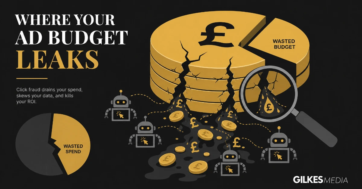 Illustration of a Google Ads budget leaking away, representing wasted spend from click fraud