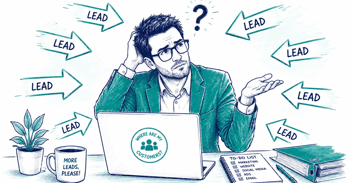 A sketched illustration of a confused businessman at his desk surrounded by arrows labeled as leads.