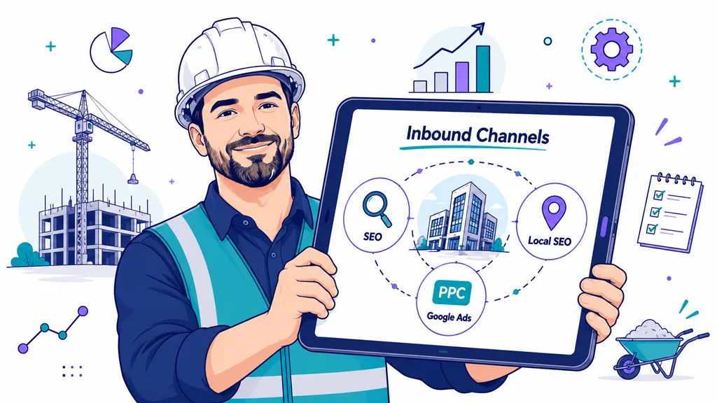 A construction worker holding a digital tablet showcasing inbound marketing channels including SEO, Local SEO, and PPC.