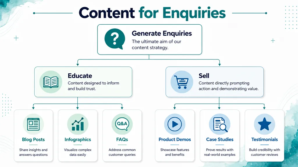 A flow chart outlining content marketing strategies designed to educate audiences and sell products to generate enquiries.