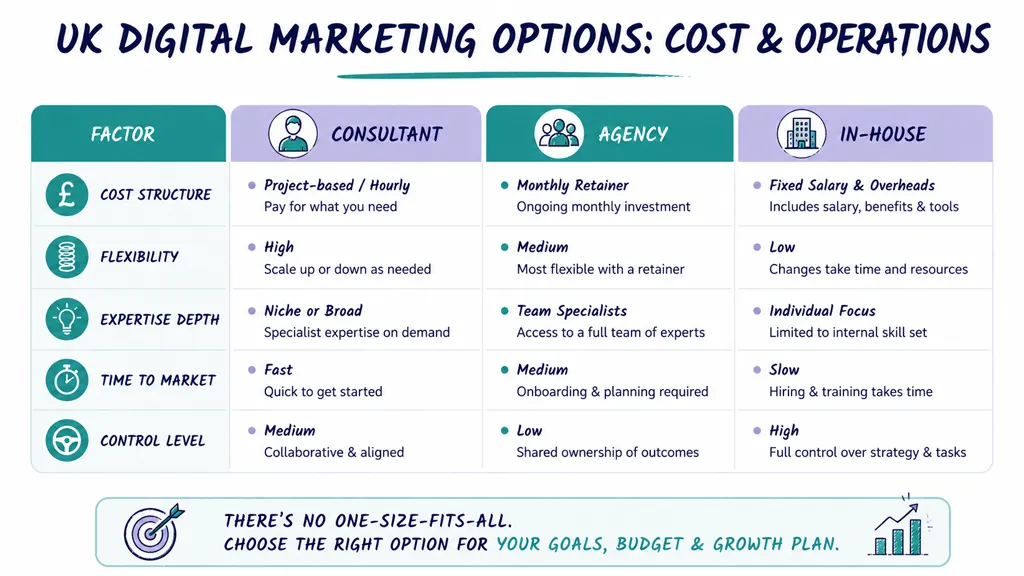 A comparison table outlining cost structures and operational differences for digital marketing consultants, agencies, and in-house teams.