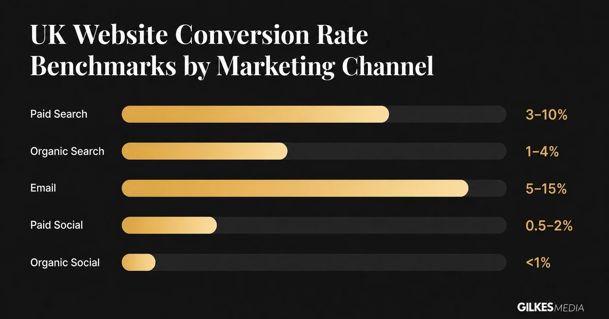 Bar chart showing UK website conversion rate benchmarks by marketing channel including paid search organic search email and social
