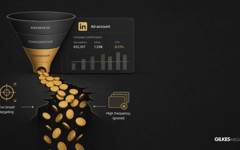 Illustration of wasted advertising budget draining away, representing common LinkedIn Ads mistakes