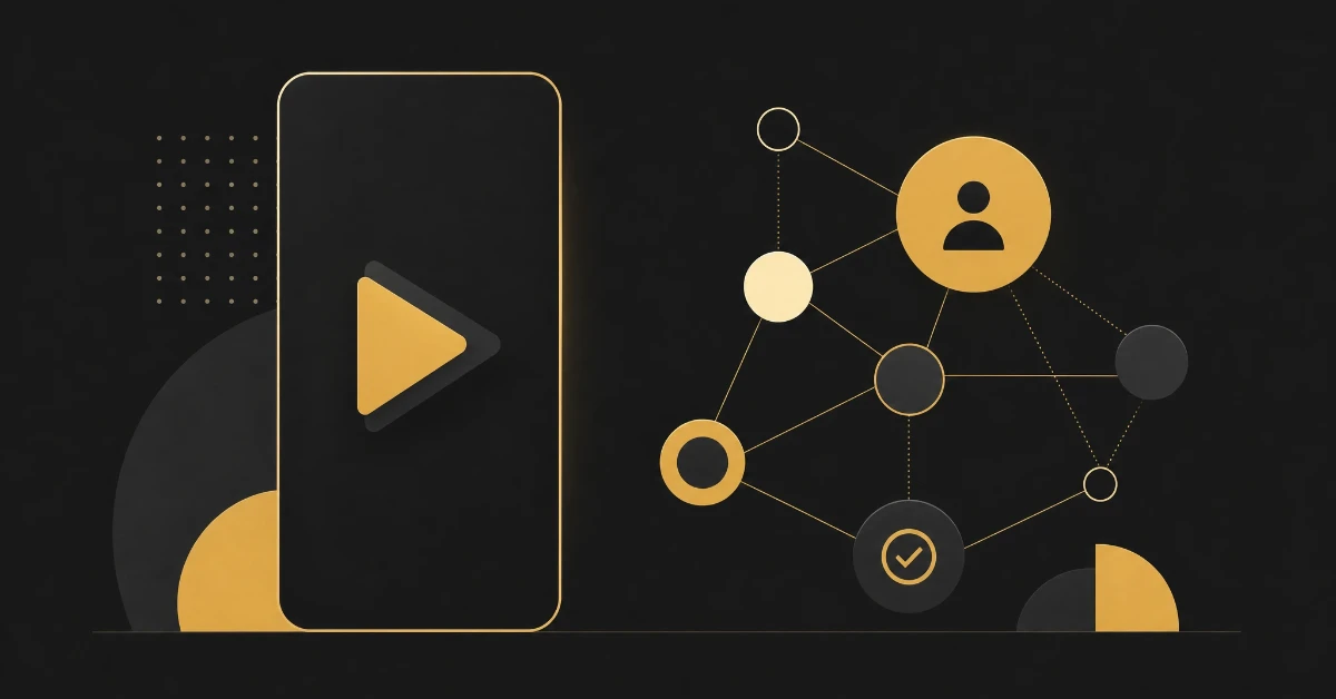 Abstract illustration of a vertical video phone screen alongside a business network