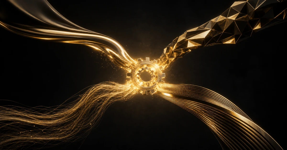 Multiple gold cost streams merging into a single gear representing the CAC formula