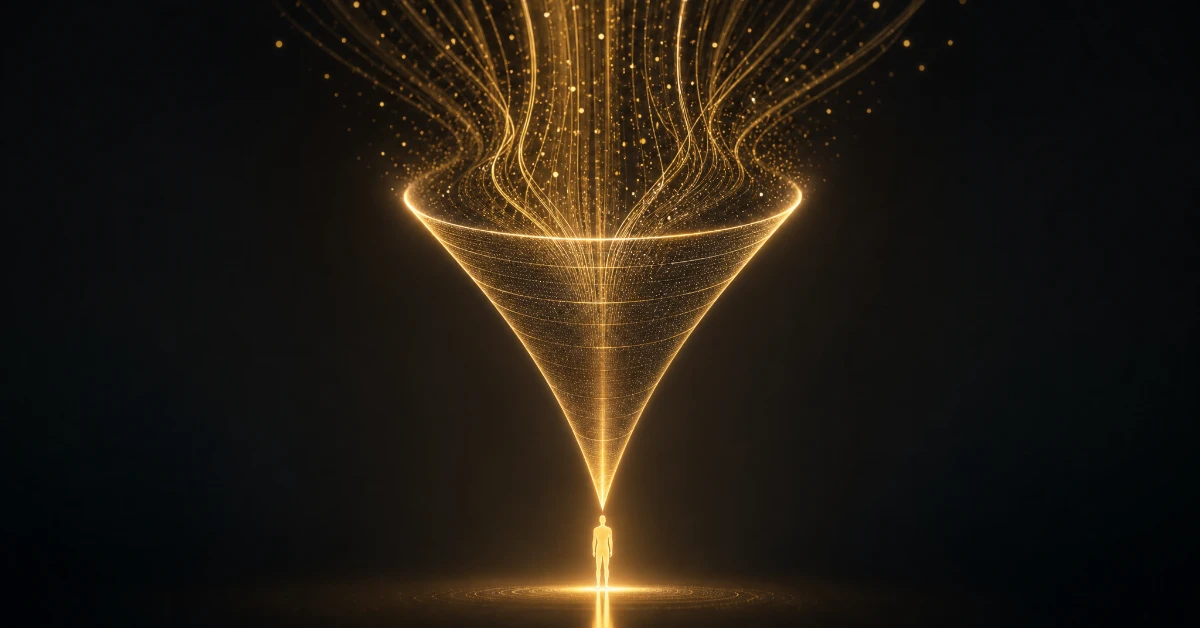 Glowing gold funnel channelling spend into a single customer, representing customer acquisition cost