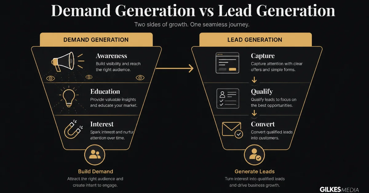 Diagram showing two marketing funnels: Demand Generation (awareness, megaphone, lightbulbs) and Lead Generation (signup forms, data capture).