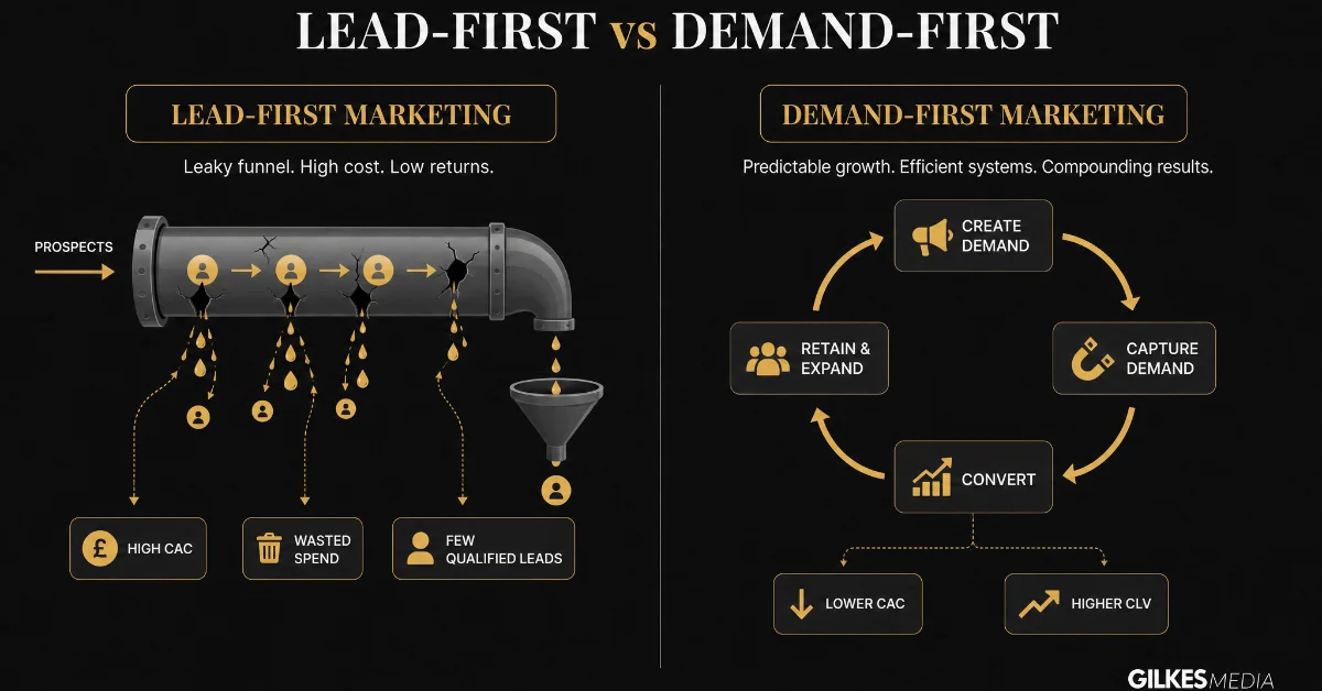 Diagram comparing lead-first marketing (leaky pipe, high CAC) with demand-first (efficient loop, lower CAC, higher CLV).