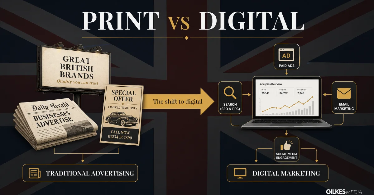 Illustration contrasting vintage print advertising (newspapers, flyers) with modern digital marketing on a laptop over a Union Jack background.
