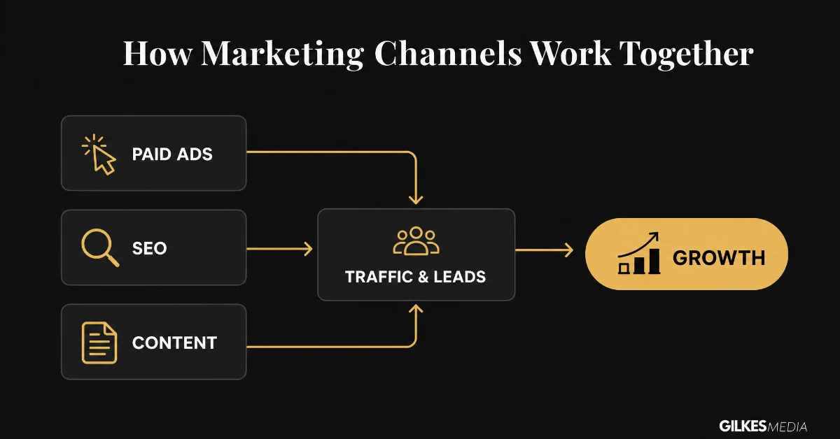 A process flow diagram illustrating marketing channels: Paid Ads, SEO, and Content.