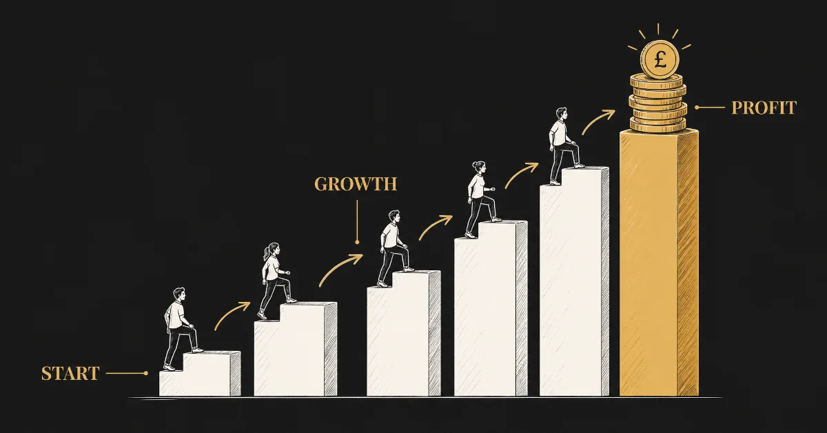 A sketch showing people climbing a bar chart towards a large stack of coins, symbolizing financial growth and progress.
