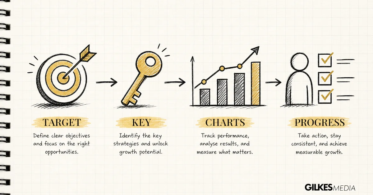 Hand-drawn business planning concepts in a notebook: target, key, charts, and person with checkmarks.