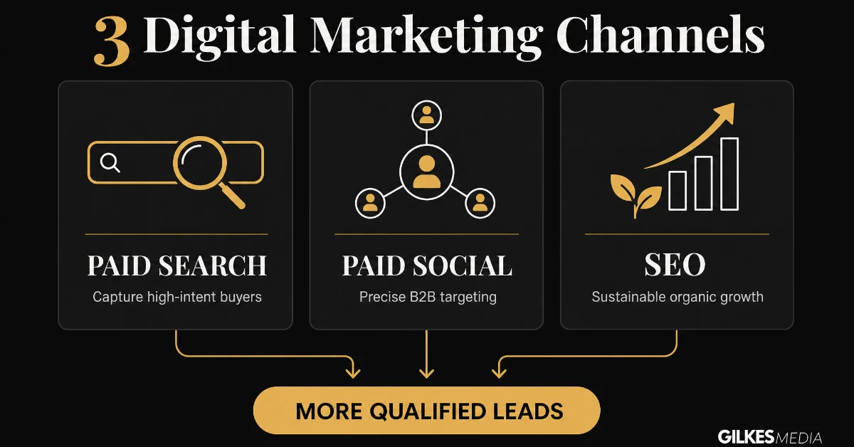 Diagram showing three digital marketing channels: Paid Search (intent), Paid Social (B2B targeting), and SEO (organic growth).