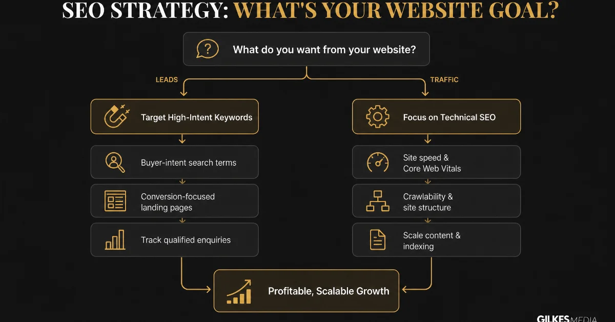 SEO strategy decision tree for website goals: leads (high-intent keywords) or traffic (technical SEO).