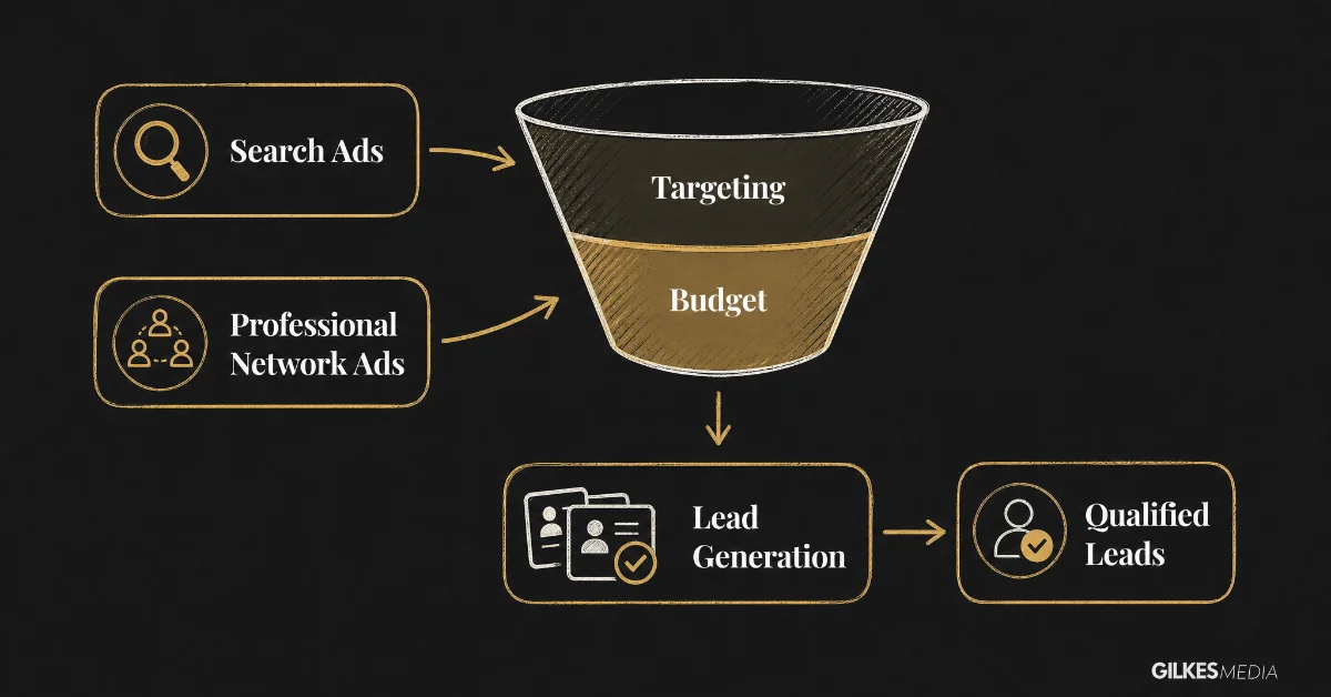 A sketch of a marketing funnel illustrating search and professional network ad inputs, targeting, budget, and lead generation.