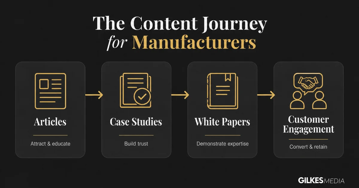 Diagram illustrating a content journey for manufacturers, flowing from articles and case studies to white papers and customer engagement.