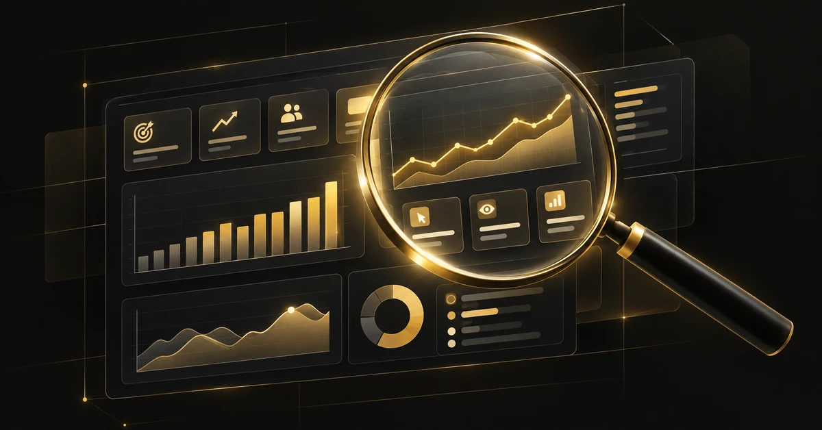 Magnifying glass examining a paid advertising performance dashboard, representing vetting a PPC agency