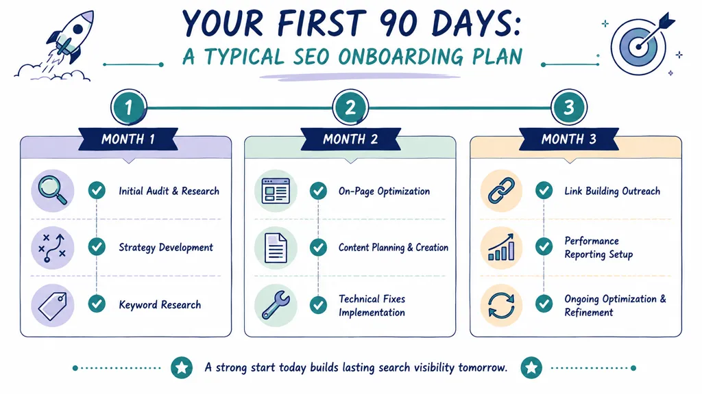 A visual timeline infographic titled Your First 90 Days outlining typical SEO onboarding steps for businesses.