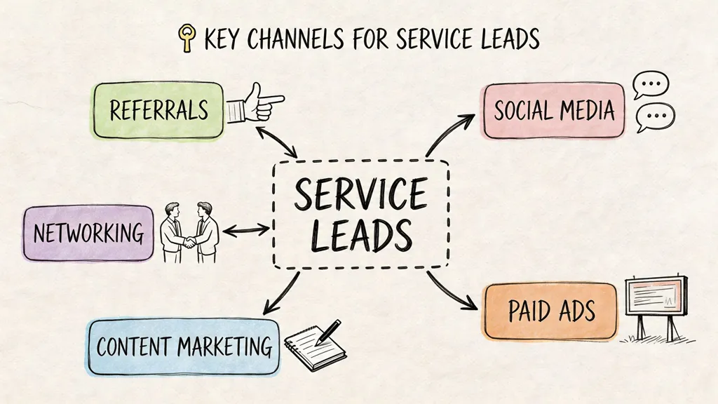 A hand-drawn diagram illustrating five key channels for generating business service leads, including referrals, networking, and social media.