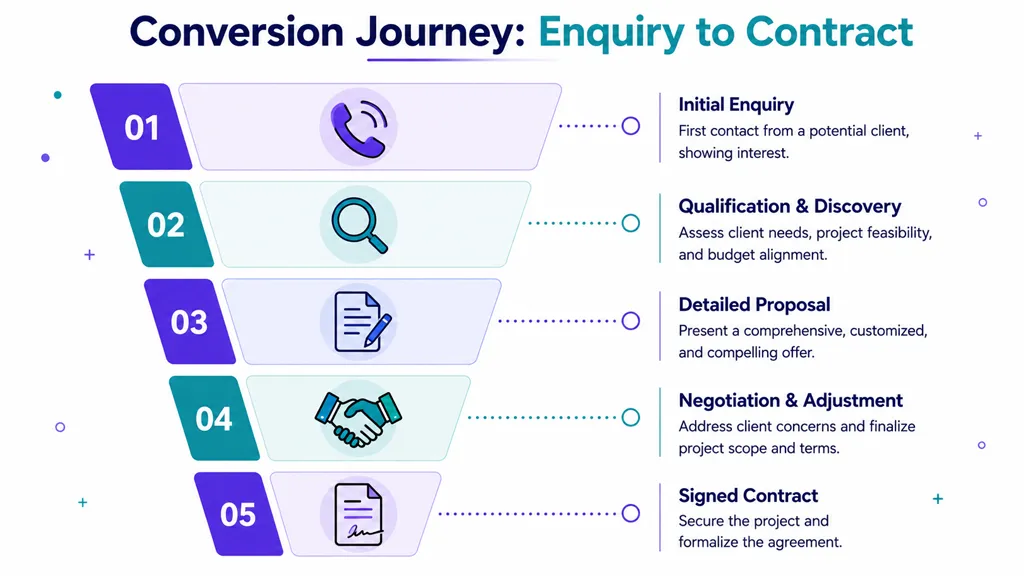A five-step sales funnel diagram illustrating the professional conversion journey from initial enquiry to signed contract.