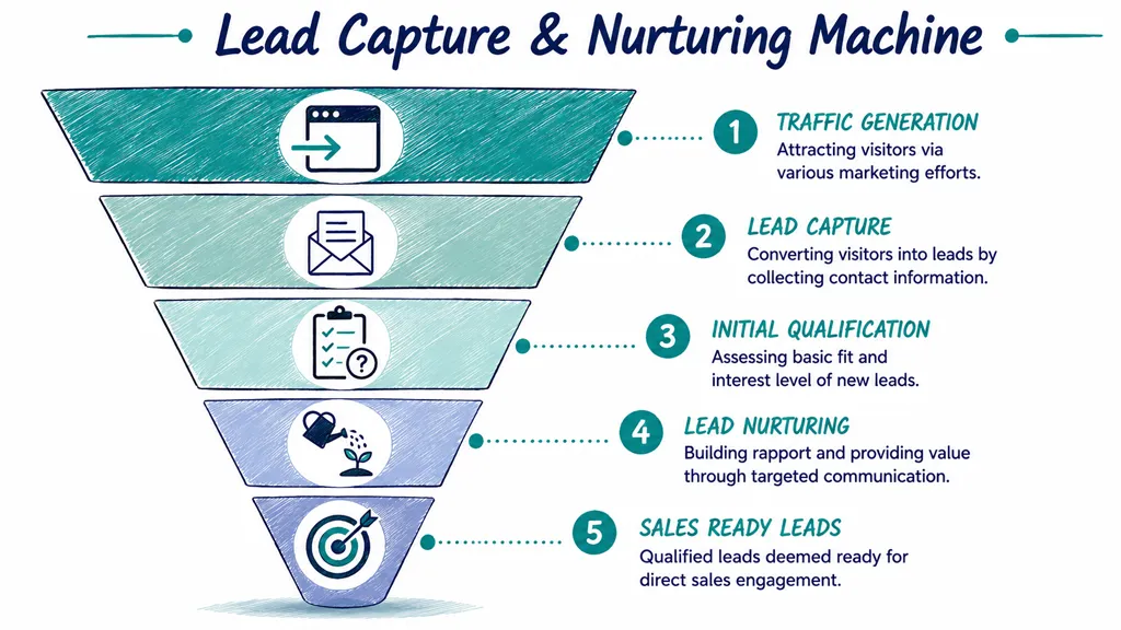 A five-step sales funnel diagram illustrating the process of lead capture and nurturing for business growth.