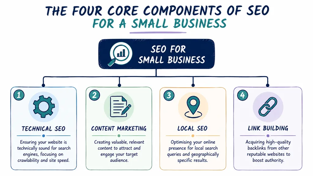 A diagram outlining the four core components of SEO for small businesses including technical, content, local, and link-building.