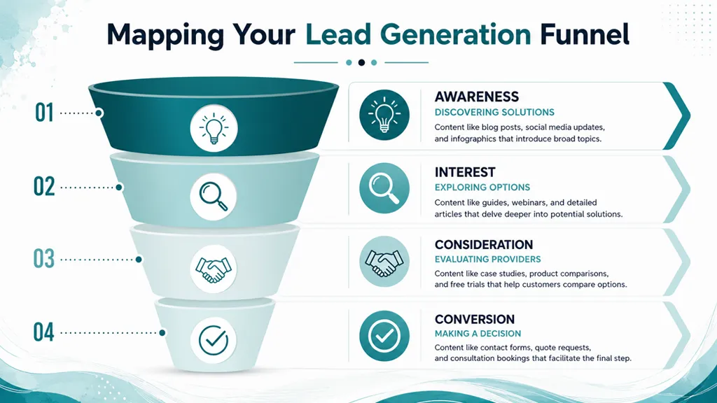 A diagram illustrating the four stages of a lead generation funnel from awareness to conversion.