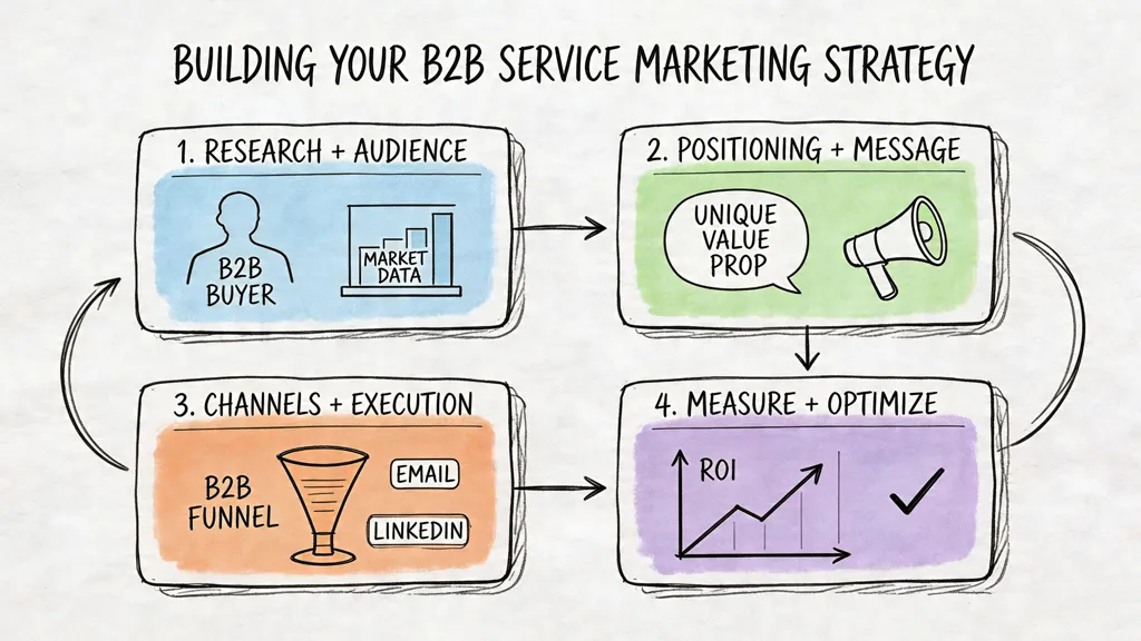 A diagram illustrating the four-step process for building a successful B2B service marketing strategy.