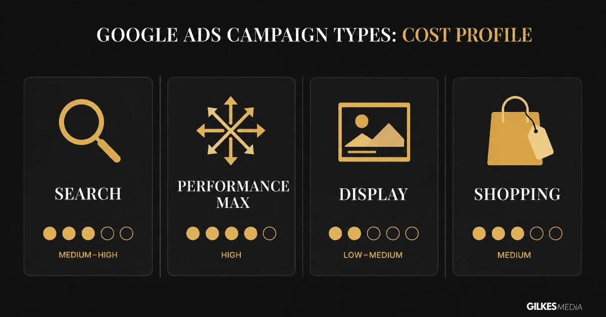 Cost profile comparison of four Google Ads campaign types: Search, Performance Max, Display, Shopping