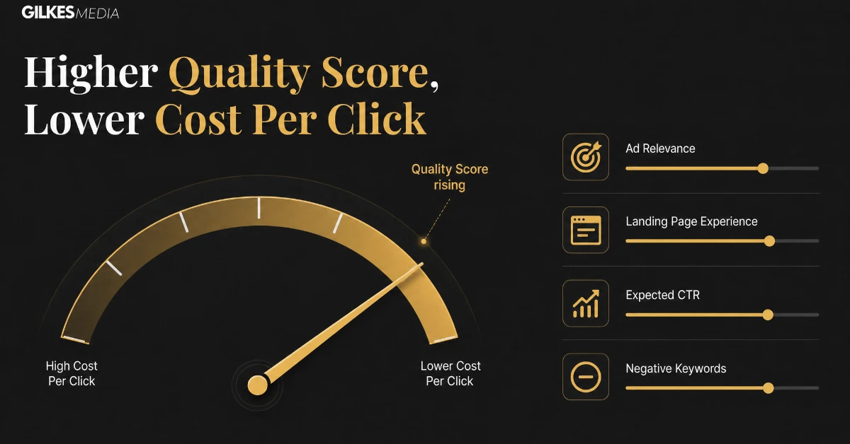 Gauge showing how a higher Quality Score lowers cost per click