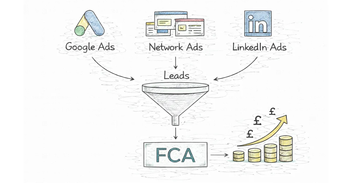 Diagram showing Google Ads, Network Ads, and LinkedIn Ads generating leads, processed through FCA, leading to financial gains.