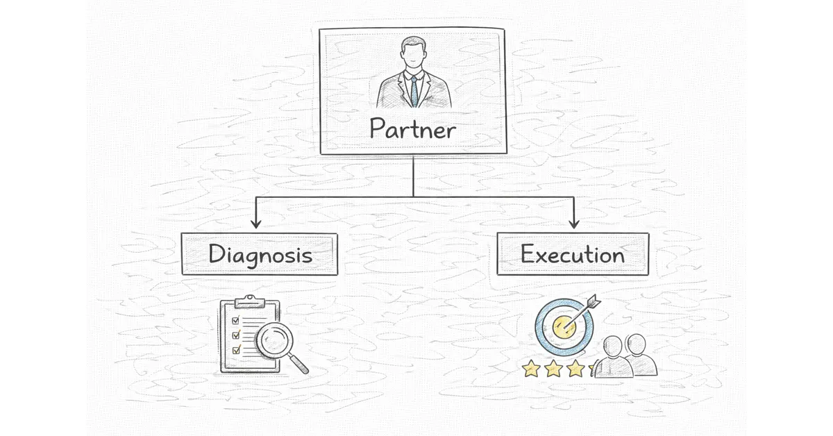 Growth consulting hierarchy chart showing Partner overseeing Diagnosis and Execution.