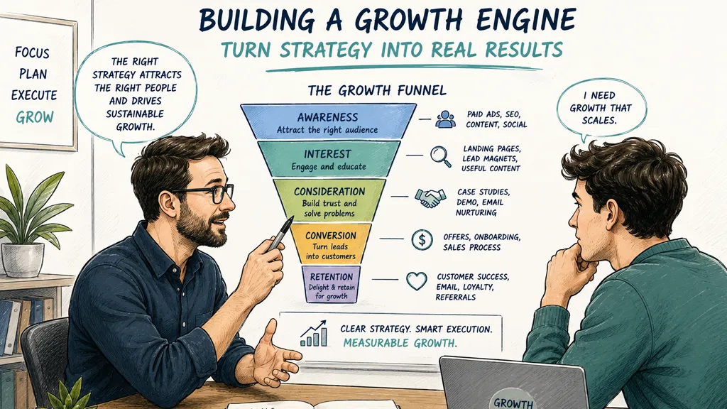 A professional marketing consultant explains a business growth funnel strategy to a startup entrepreneur.