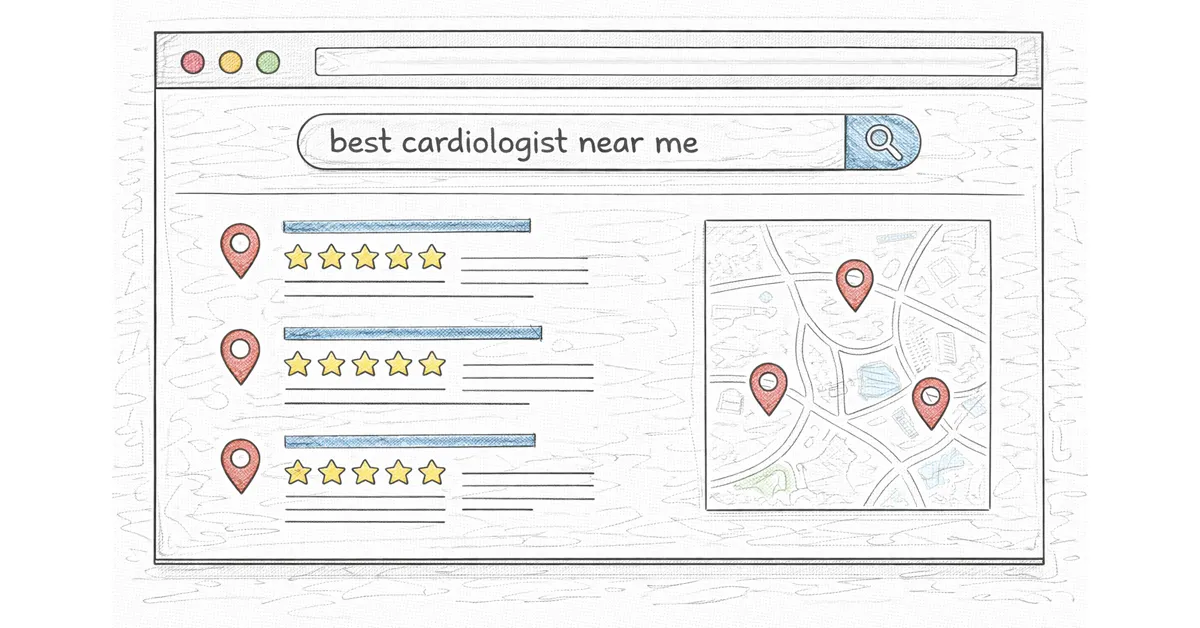 Sketch of a web search interface showing a health query, local search results, map pins, and star ratings.