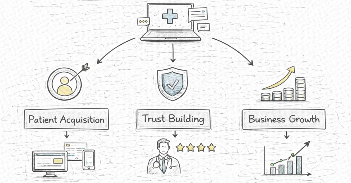 A concept map illustrating digital healthcare marketing's connections to patient acquisition, trust building, and business growth.