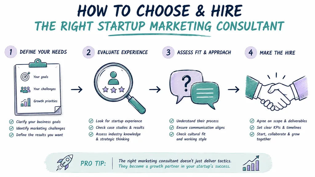A four-step infographic showing the process for selecting and hiring a professional startup marketing consultant.