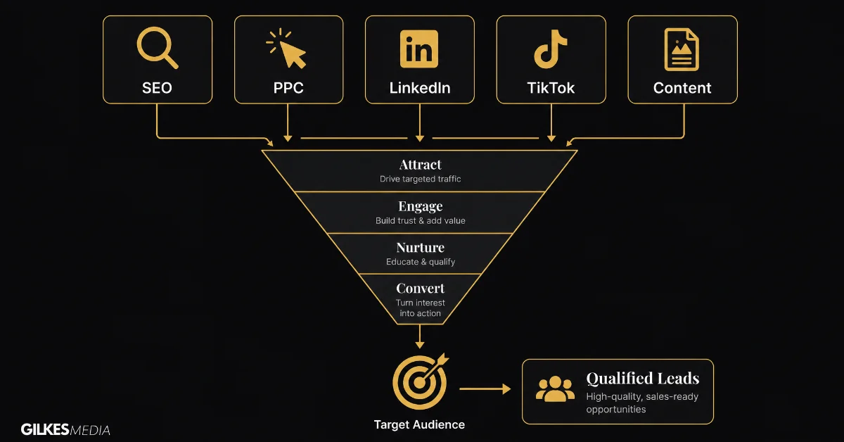Marketing funnel illustration showing SEO, PPC, LinkedIn, TikTok, and Content strategies feeding into a target audience to generate qualified leads.