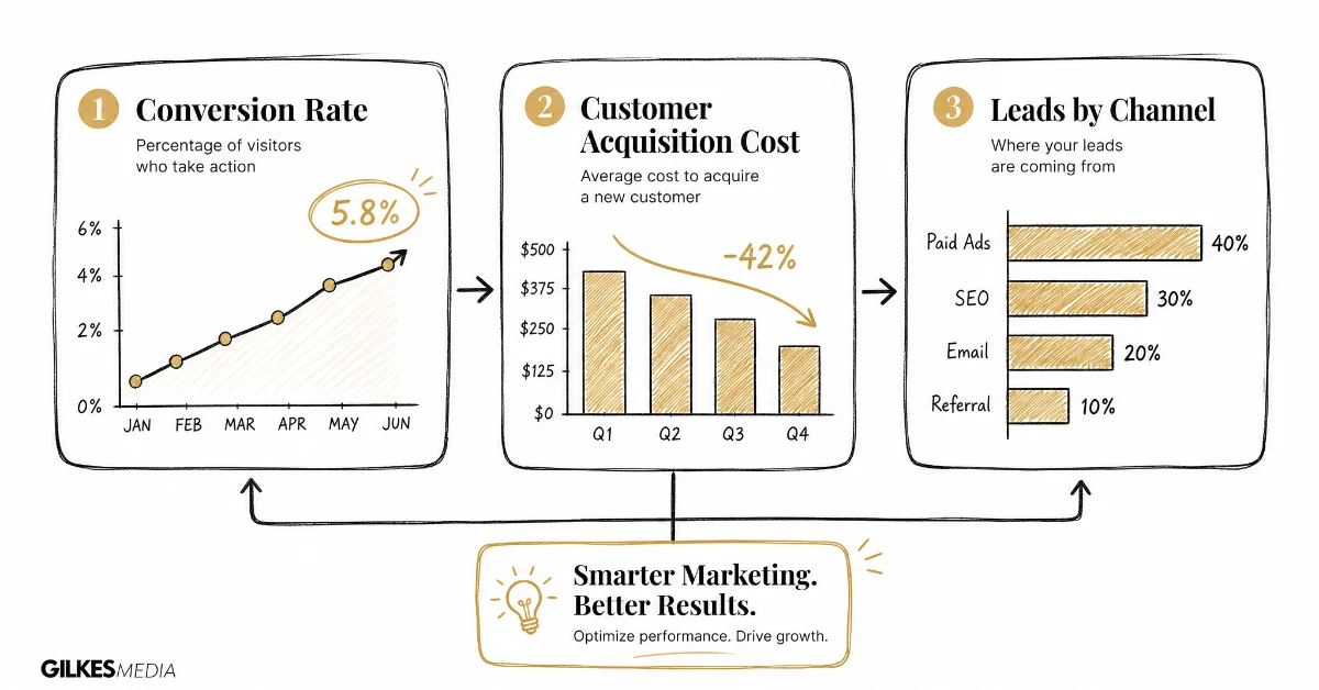 Hand-drawn marketing strategy charts showing conversion rate, customer acquisition cost, and leads by channel.