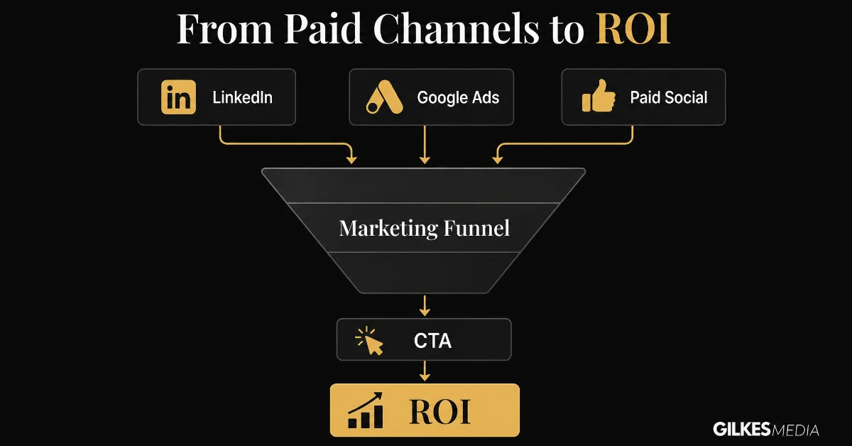 Diagram illustrating a marketing funnel with LinkedIn, Google Ads, and Paid Social leading to a CTA and ROI.
