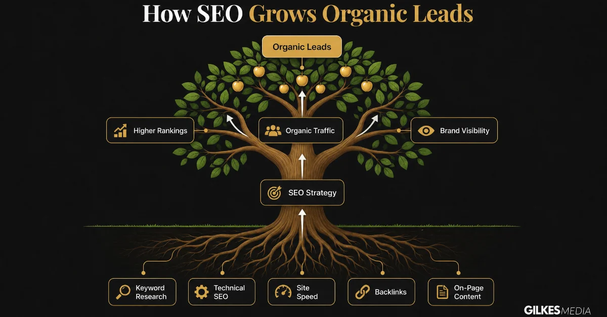 Illustration of an SEO growth tree with roots representing keywords and technical SEO, leading to organic leads.