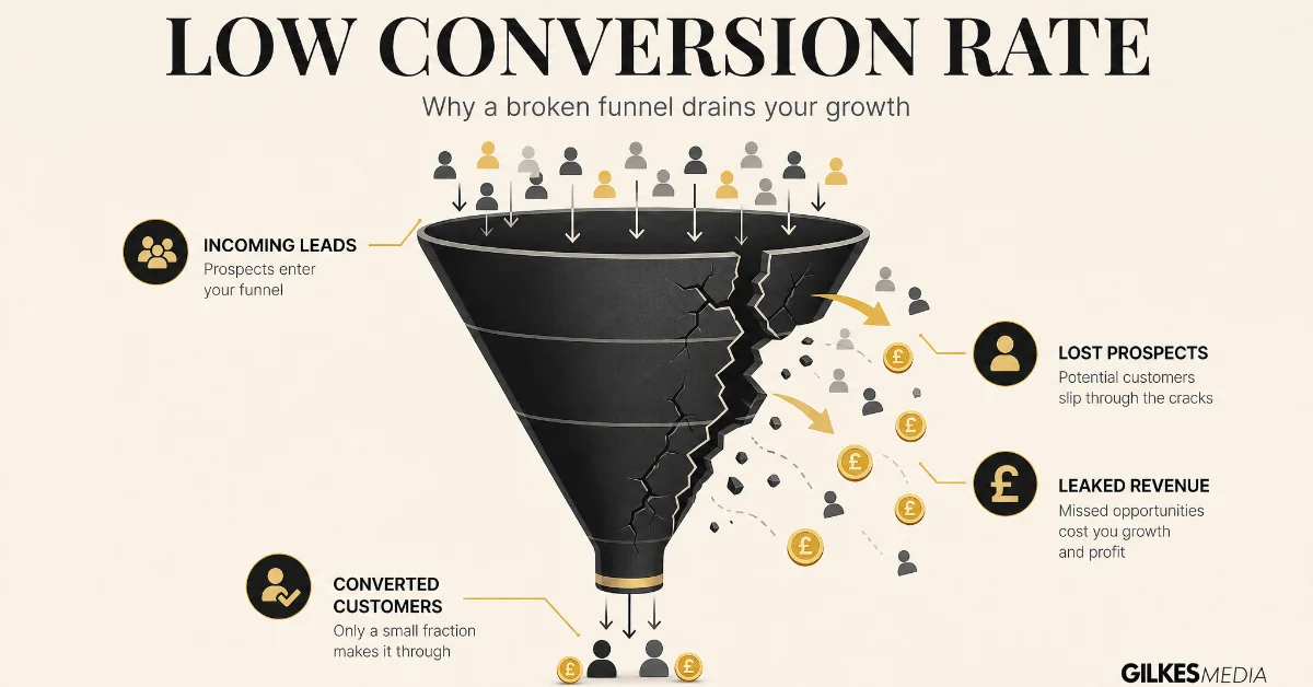 Illustration of a cracked sales funnel losing money and potential customers, representing a low conversion rate.